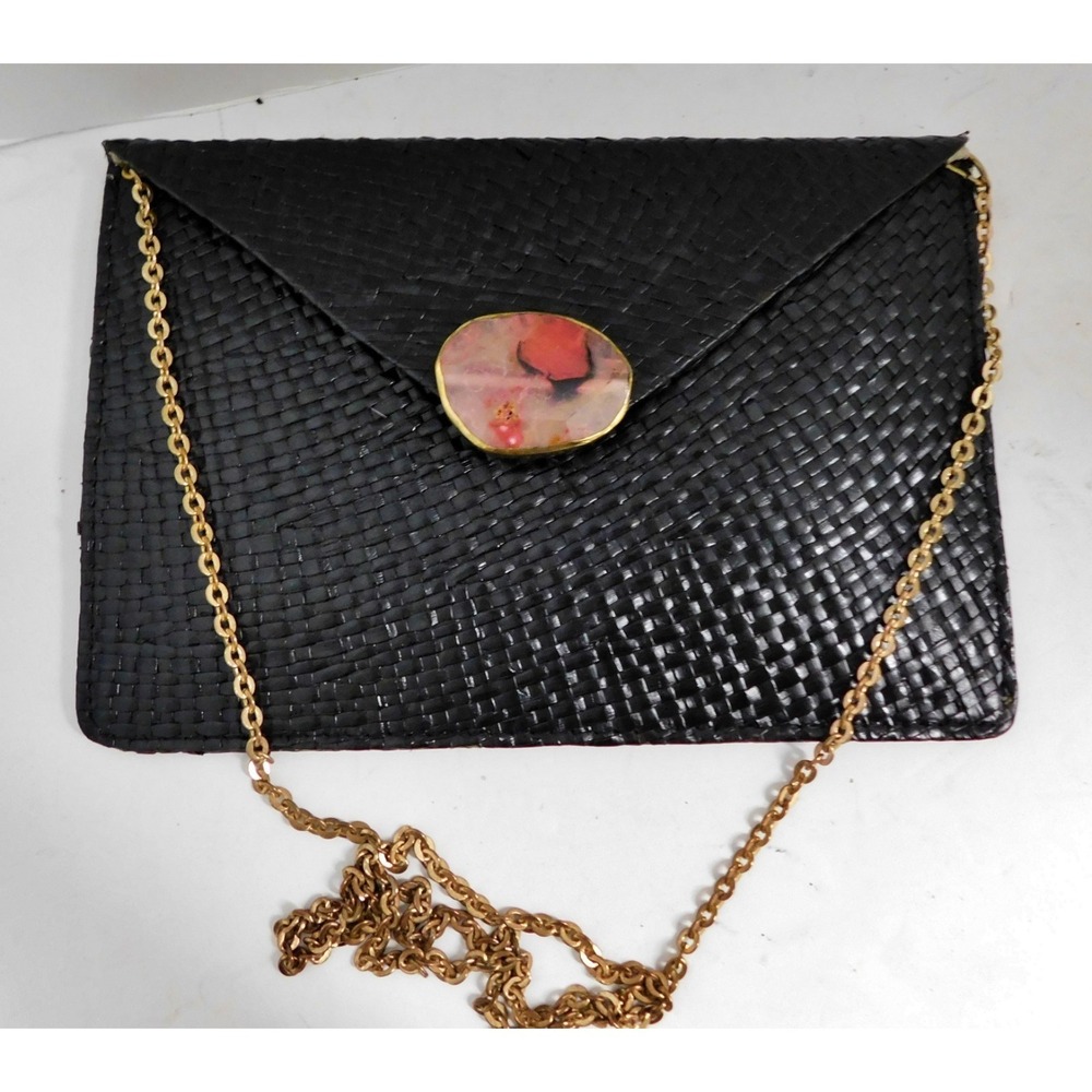 KAYU Black Woven Women's Shoulder Bag Stone Accent Chain Strap Gold Hardware